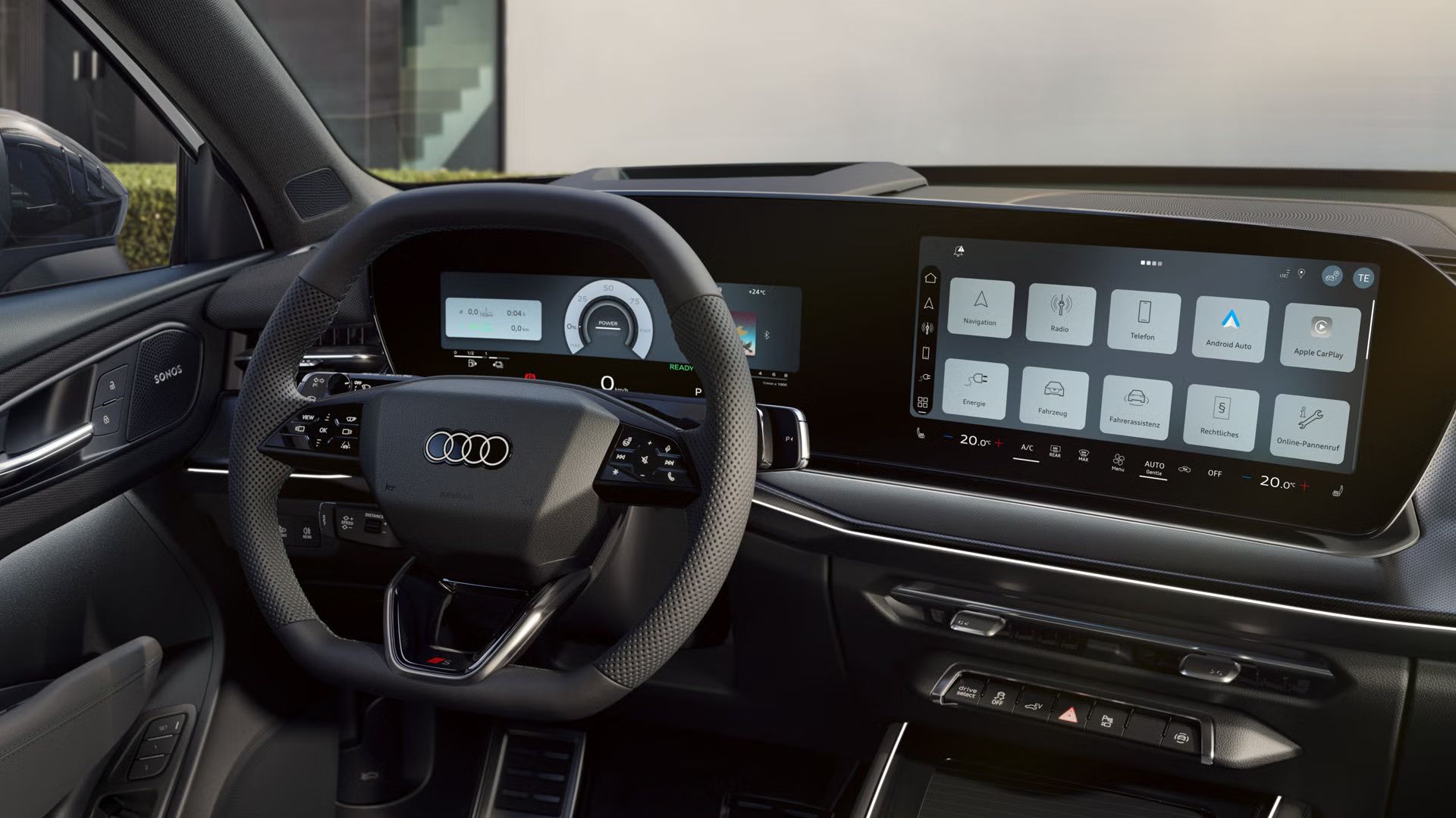 Das Cockpit des Q3 SUV e-hybrid mit Fokus auf die Fahrerarmatur und das Panoramadisplay.