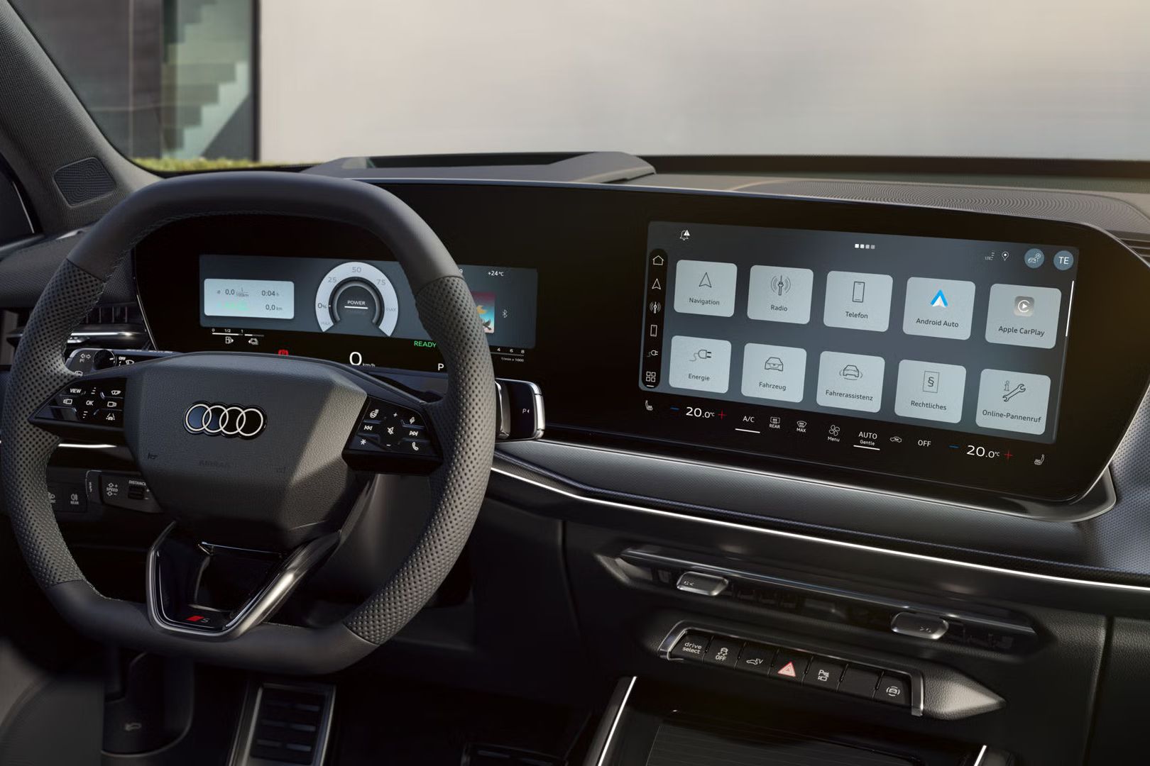 Das Cockpit des Q3 SUV e-hybrid mit Fokus auf die Fahrerarmatur und das Panoramadisplay.
