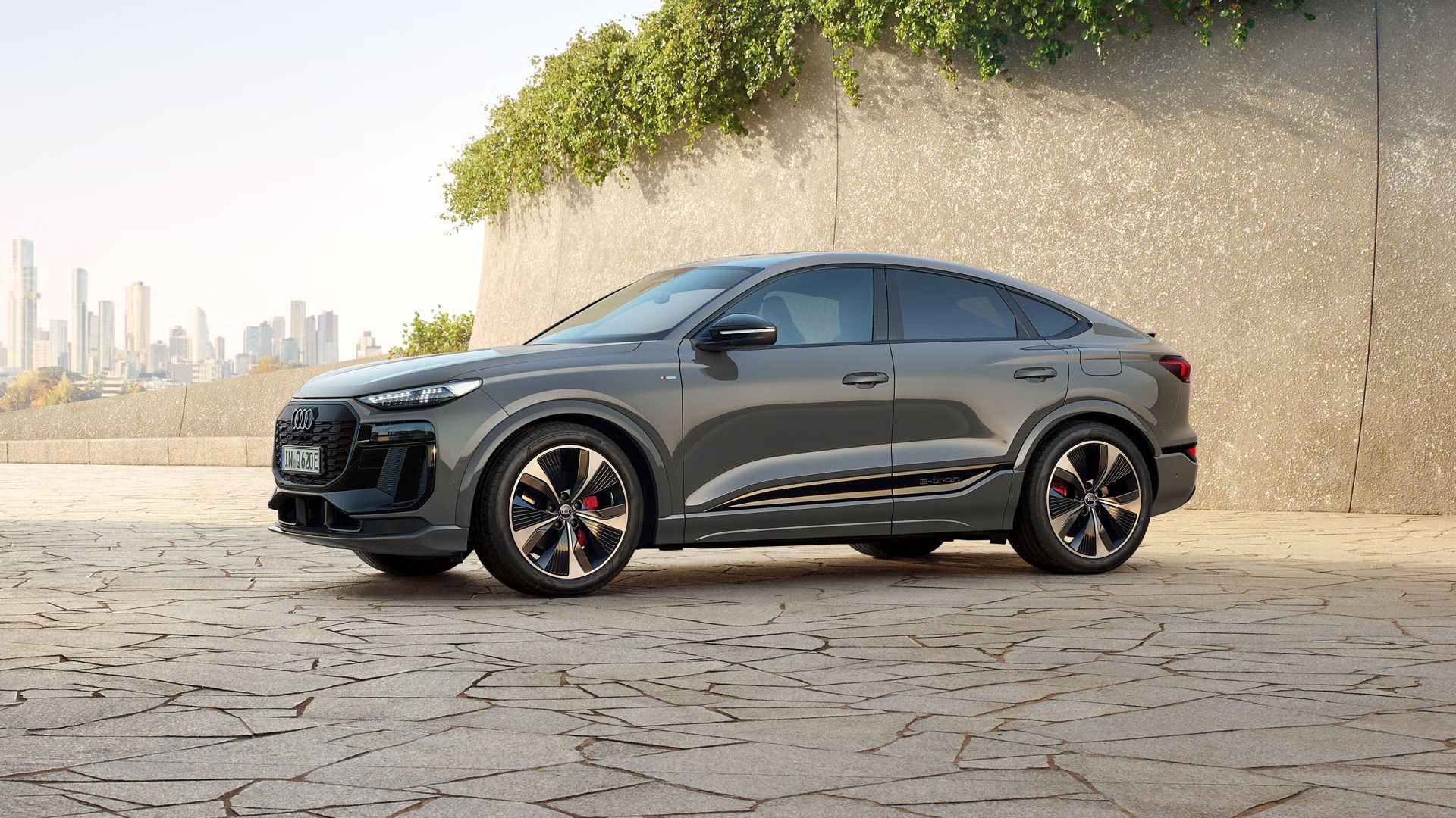 Audi Q6 Sportback e-tron je prikazan diagonalno z bočne strani pred zeleno kamnito steno, v ozadju pa se razprostira mestno obzorje.