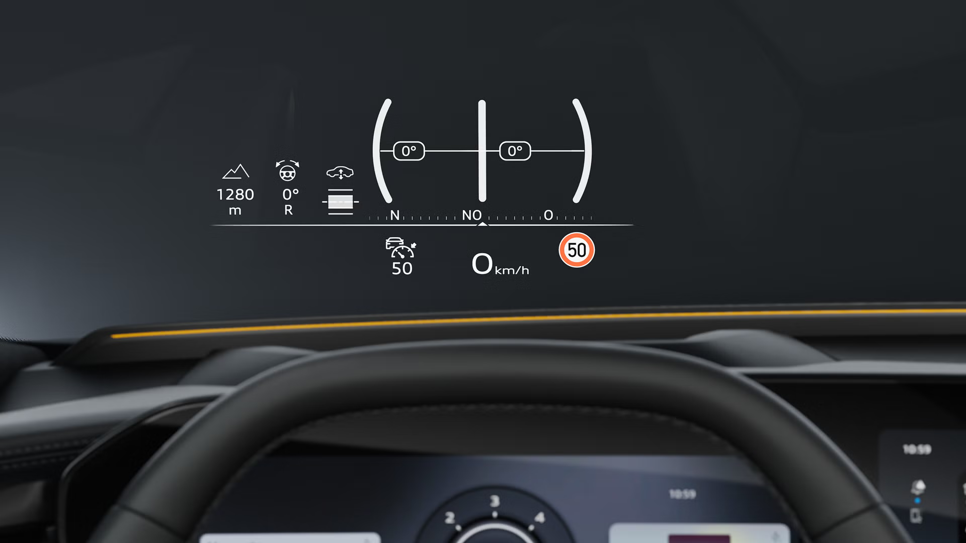 Projicirni sistem v vozilu  Audi Q9 SUV z navigacijskimi podatki, hitrostjo in informacijami za pomoč vozniku.