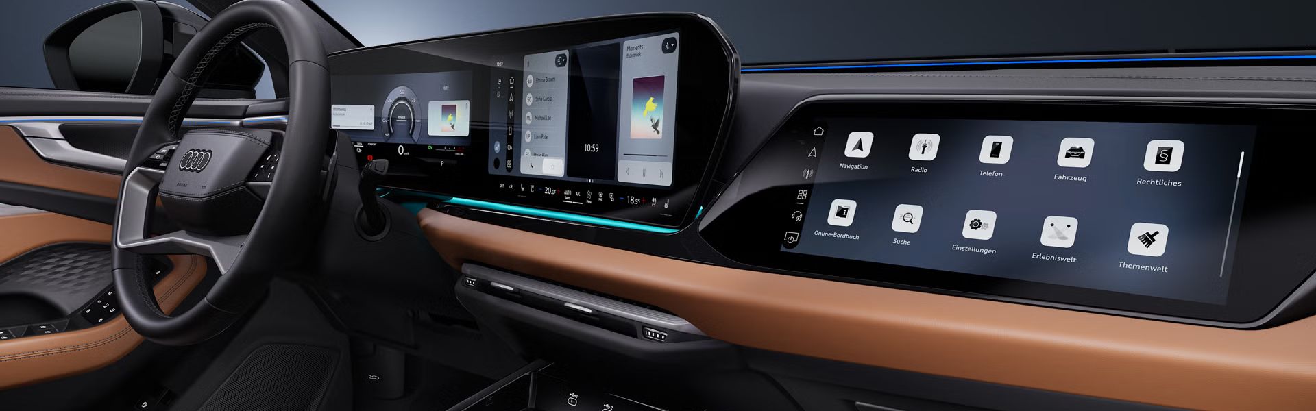 Stranski bližnji posnetek voznikovega prostora vozila Audi A6 allroad e-hybrid s poudarkom na volanu in digitalnih zaslonih.