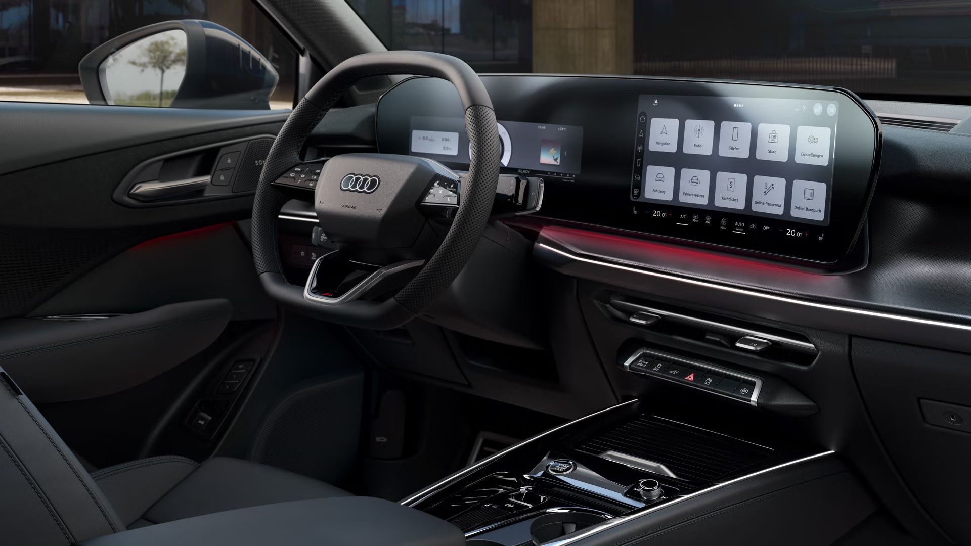 Das Cockpit mit Fokus auf Lenkrad, Panoramadisplay und Ambient-Lichtpaket	