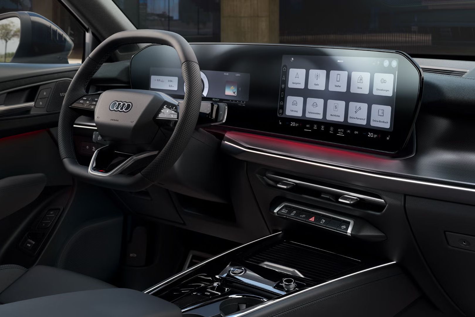 Das Cockpit mit Fokus auf Lenkrad, Panoramadisplay und Ambient-Lichtpaket	