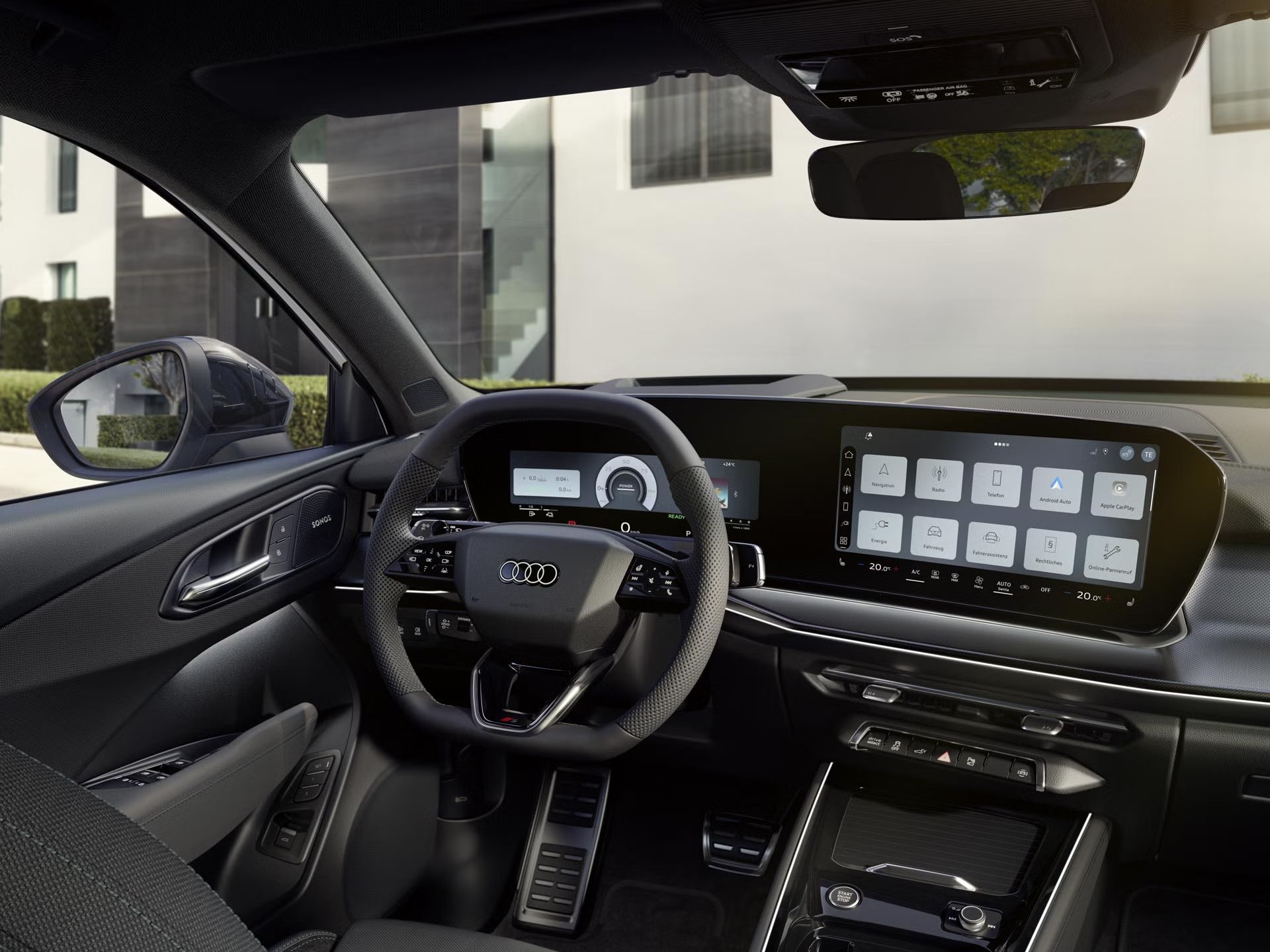 Das Cockpit des Q3 SUV e-hybrid mit Fokus auf die Fahrerarmatur und das Panoramadisplay.