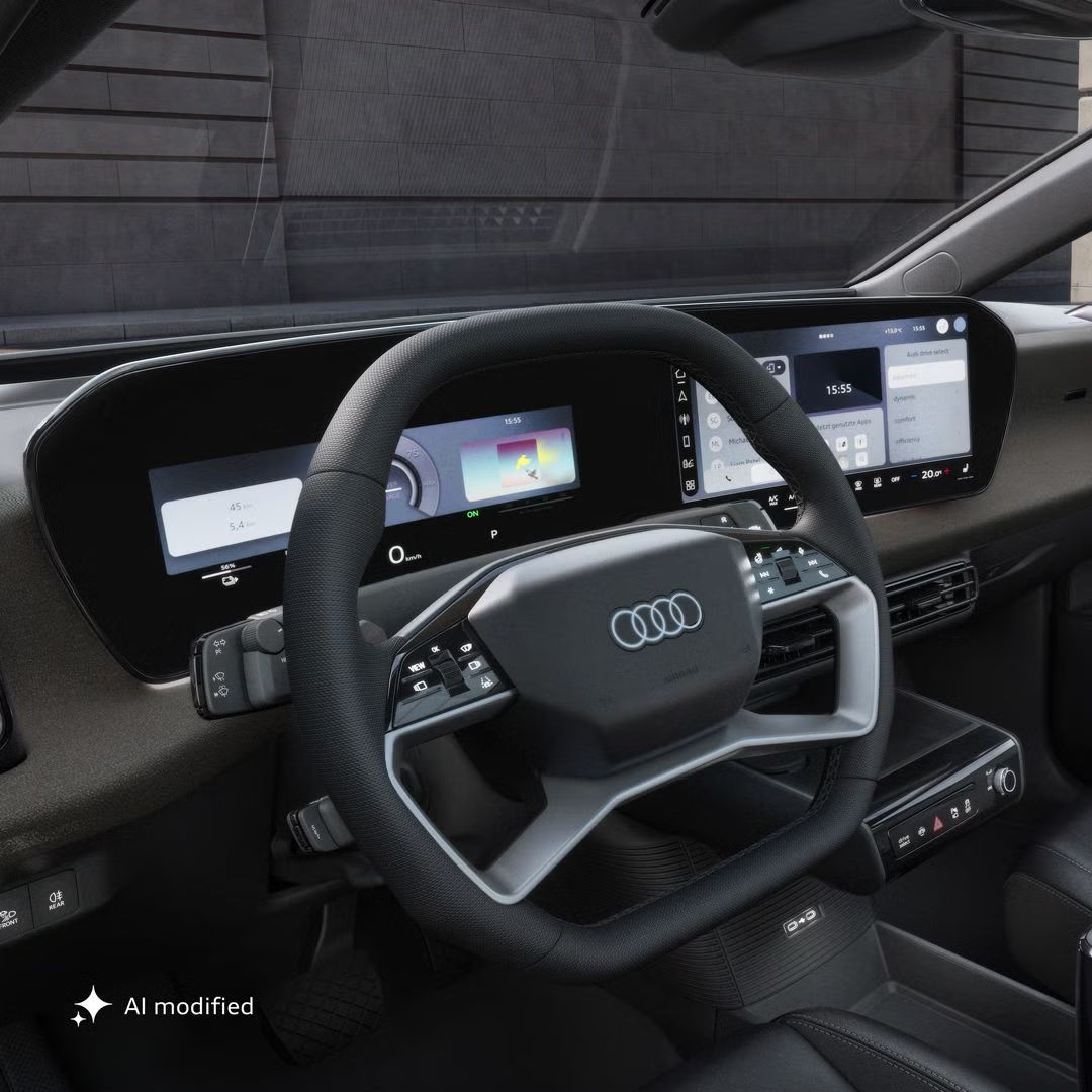 Pogled na armaturno ploščo modela Audi A2 e-tron z voznikove strani s poudarkom na volanu in ukrivljenem panoramskem zaslonu.