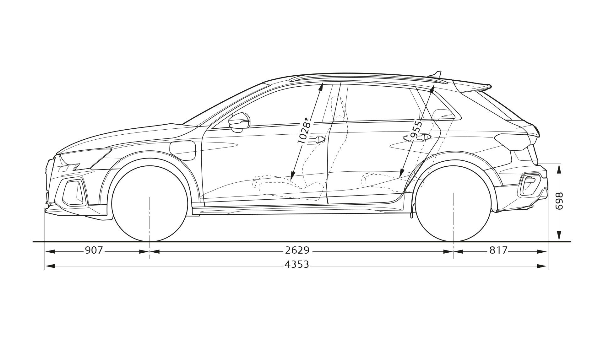 Tehnična risba Audi A3 allstreet s stranskim pogledom, ki prikazuje zunanje mere vozila ter ključne notranje dimenzije potniške kabine.