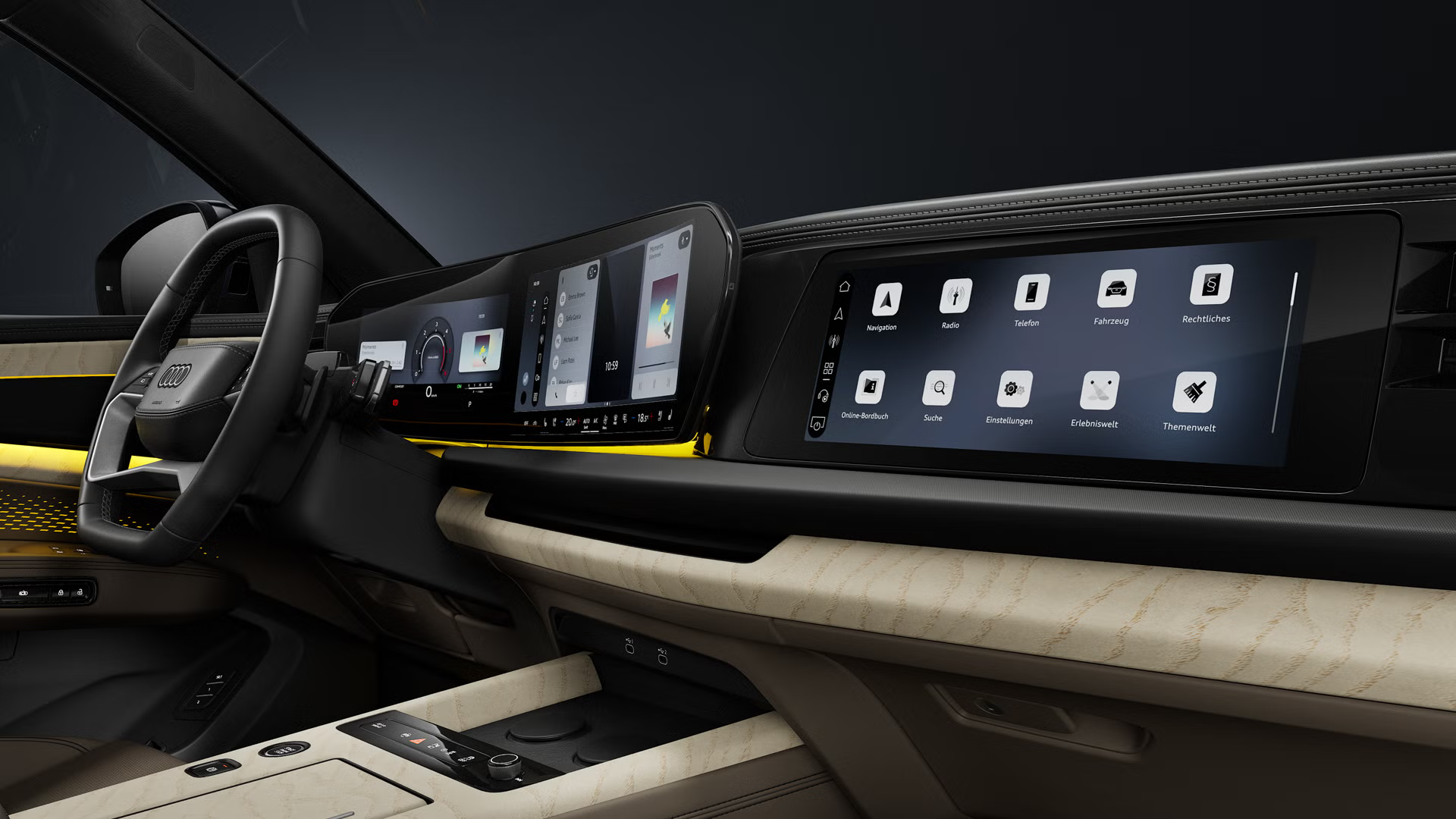 Notranjost Audi Q9 SUV z digitalnim kokpitom in zaslonom za sovoznika za upravljanje vozila ter povezljivosti.