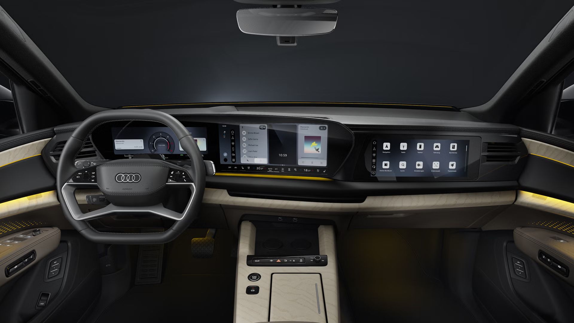 Notranjost Audi Q9 SUV z digitalnim kokpitom, panoramskimi zasloni, ambientalno osvetlitvijo in intuitivnim upravljanjem funkcij za prilagojeno udobje potnikov.