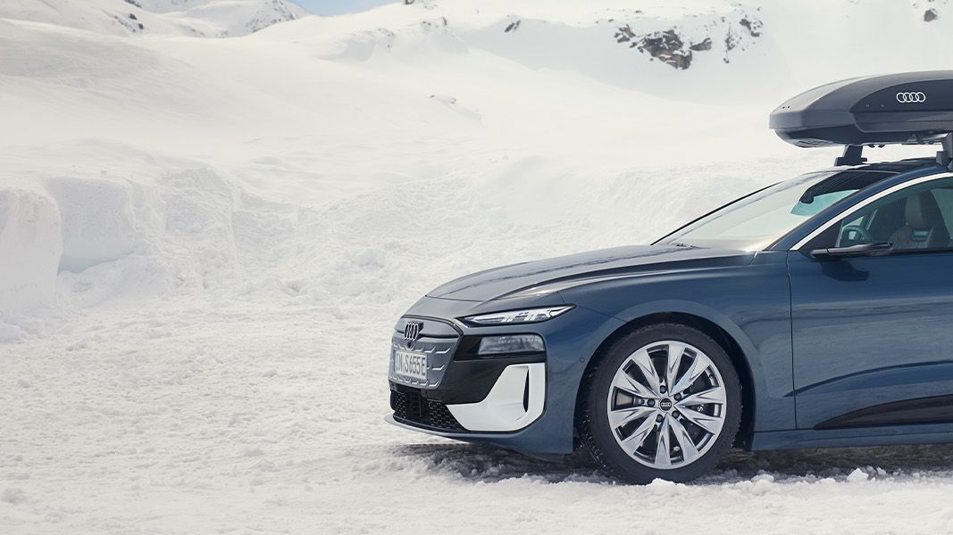 Audi A6 Avant v temno modrem odtenku, prikazan v bočnem pogledu, parkiran v zasneženem gorskem okolju.  Na strehi je nameščen strešni kovček, vidna so tudi platišča in zaščitni spodnji elementi karoserije.  Prizor jasno prikazuje vozilo v zimskih razmerah ter njegovo postavitev v odprtem, naravnem prostoru.