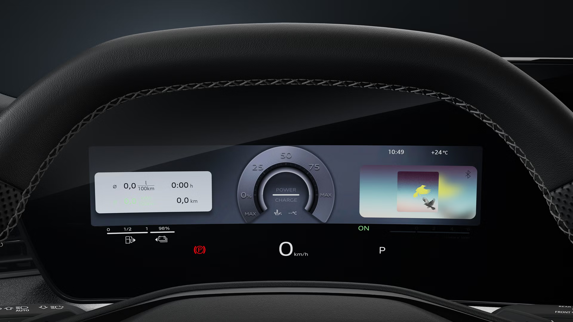 Povečan pogled na Audi virtual cockpit v Audiju A3 allstreet TFSI e. Digitalni zaslon prikazuje stanje baterije, pretok energije, hitrost, doseg in druge ključne podatke o priključnohibridnem pogonu v preglednem in vozniku prilagojenem vmesniku.